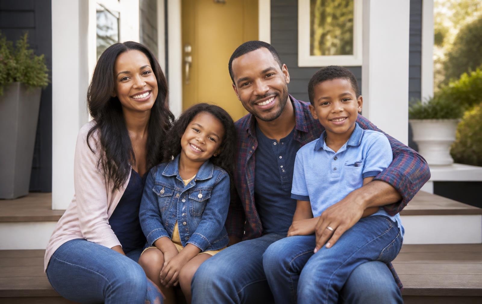 A family of four sitting together on the front porch of their home